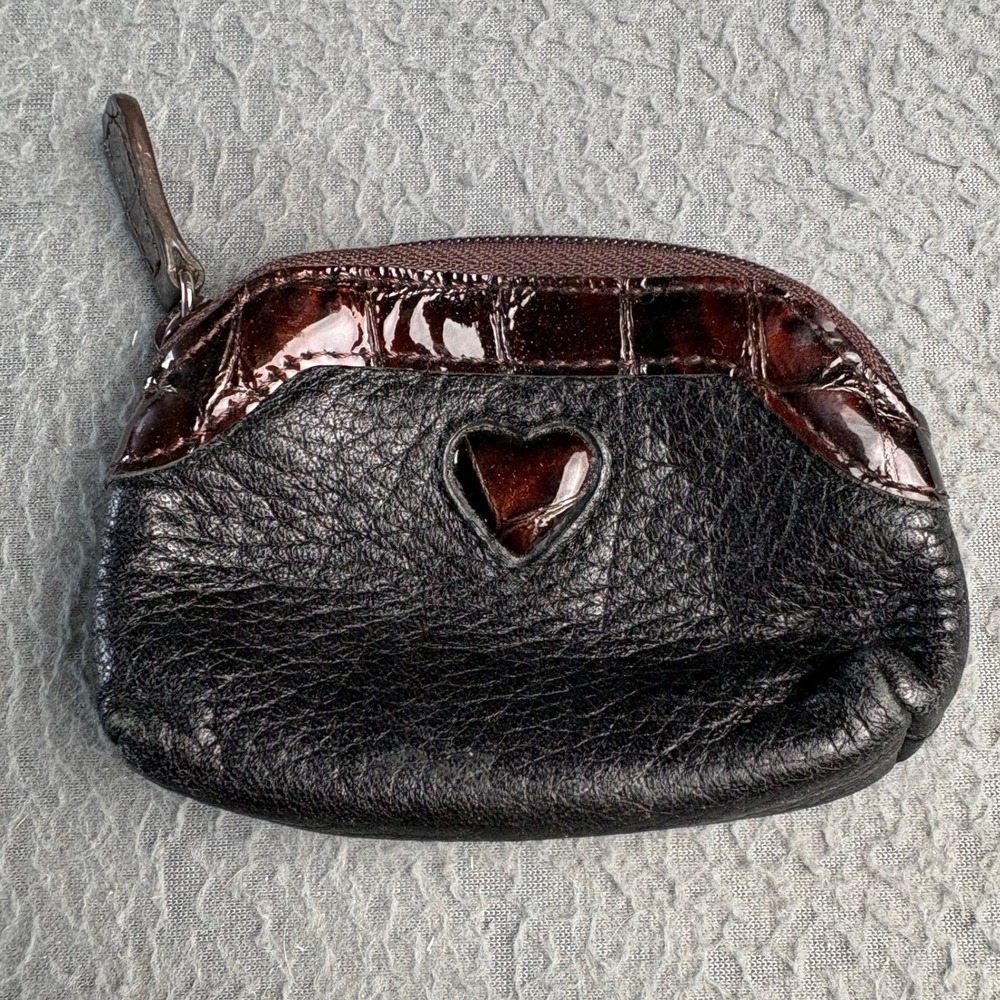 Brighton Black Leather Brown Croc Trim Heart Coin Purse Zip Pouch